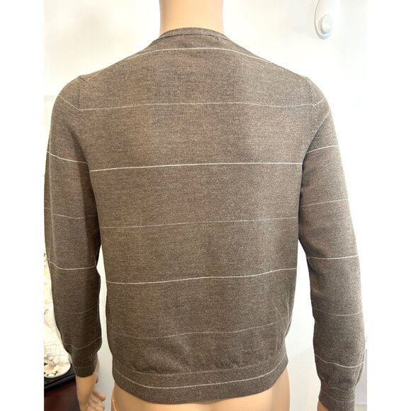 Banana Republic Men’s Sweater M Brown Blue/Grey White Thin Stripes  Wool V-neck - Picture 2 of 15